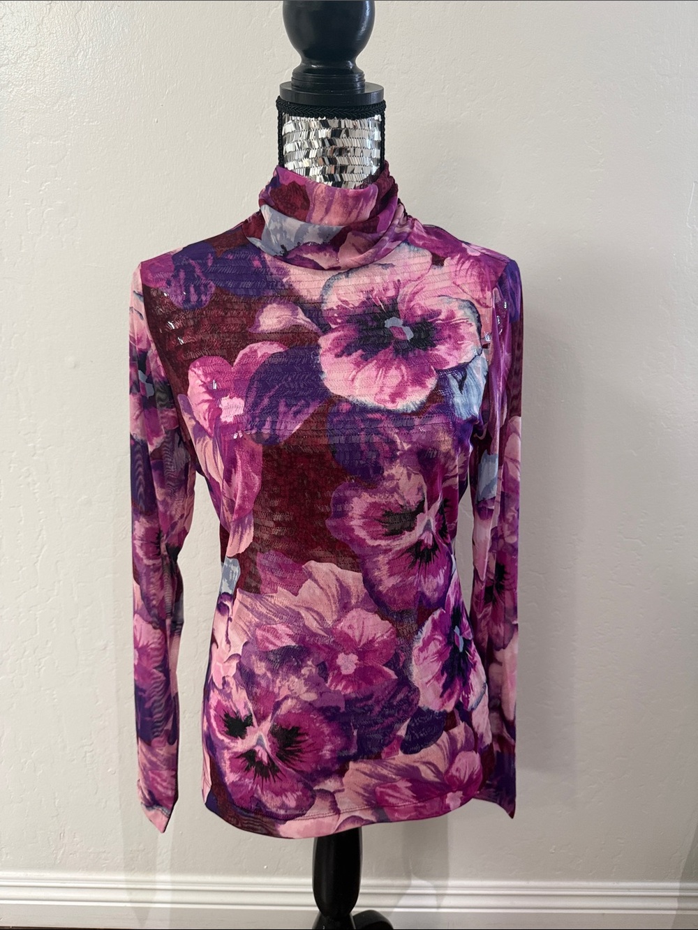 White House Black Market Purple & Pink Floral Mock Neck Long Sleeve Top